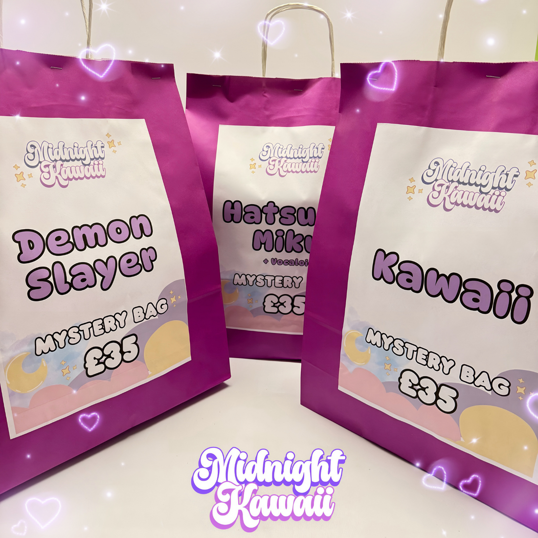 Three £35 Midnight Kawaii mystery bags featuring Demon Slayer, Hatsune Miku, and Kawaii themes, displayed in bright pink packaging with cute pastel designs.