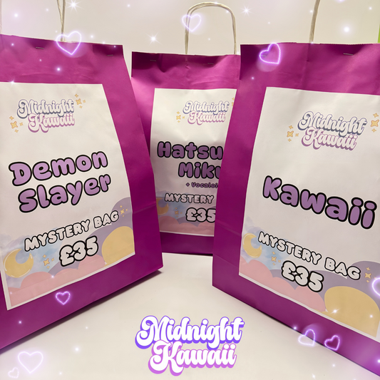 Three £35 Midnight Kawaii mystery bags featuring Demon Slayer, Hatsune Miku, and Kawaii themes, displayed in bright pink packaging with cute pastel designs.