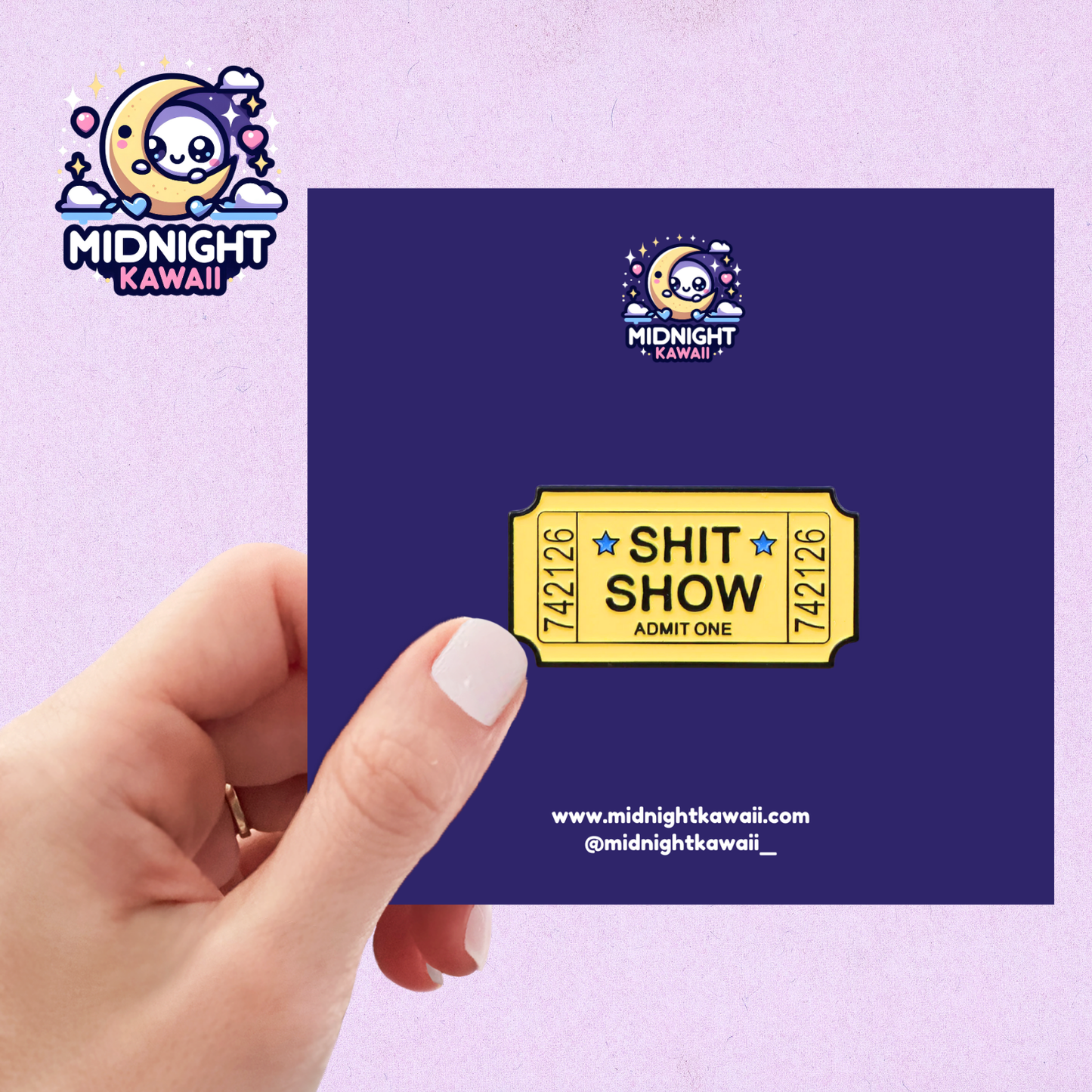 A yellow movie ticket design enamel pin. The words "SHIT SHOW. ADMIT ONE", "742126" and "742126" are engraved in black on the pin. There are two blue stars engraved and positioned either side of the word "SHIT". Size 3-4 cm. The pin has a securing arrangement on the back to enable attachment to bags, clothes, etc.