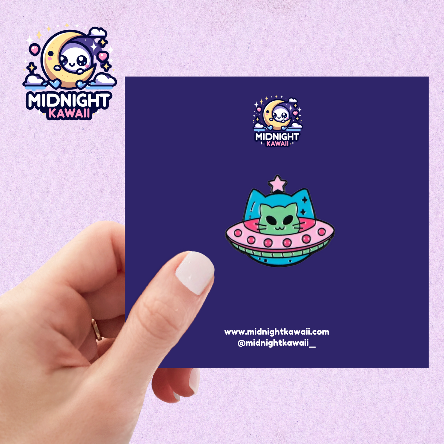 Enamel pin of a playful cartoon colourful spaceship with a cute chibi green alien cat sat inside. Size 3-4cm. The pin has a securing arrangement on the back to enable attachment to clothes, bags etc.